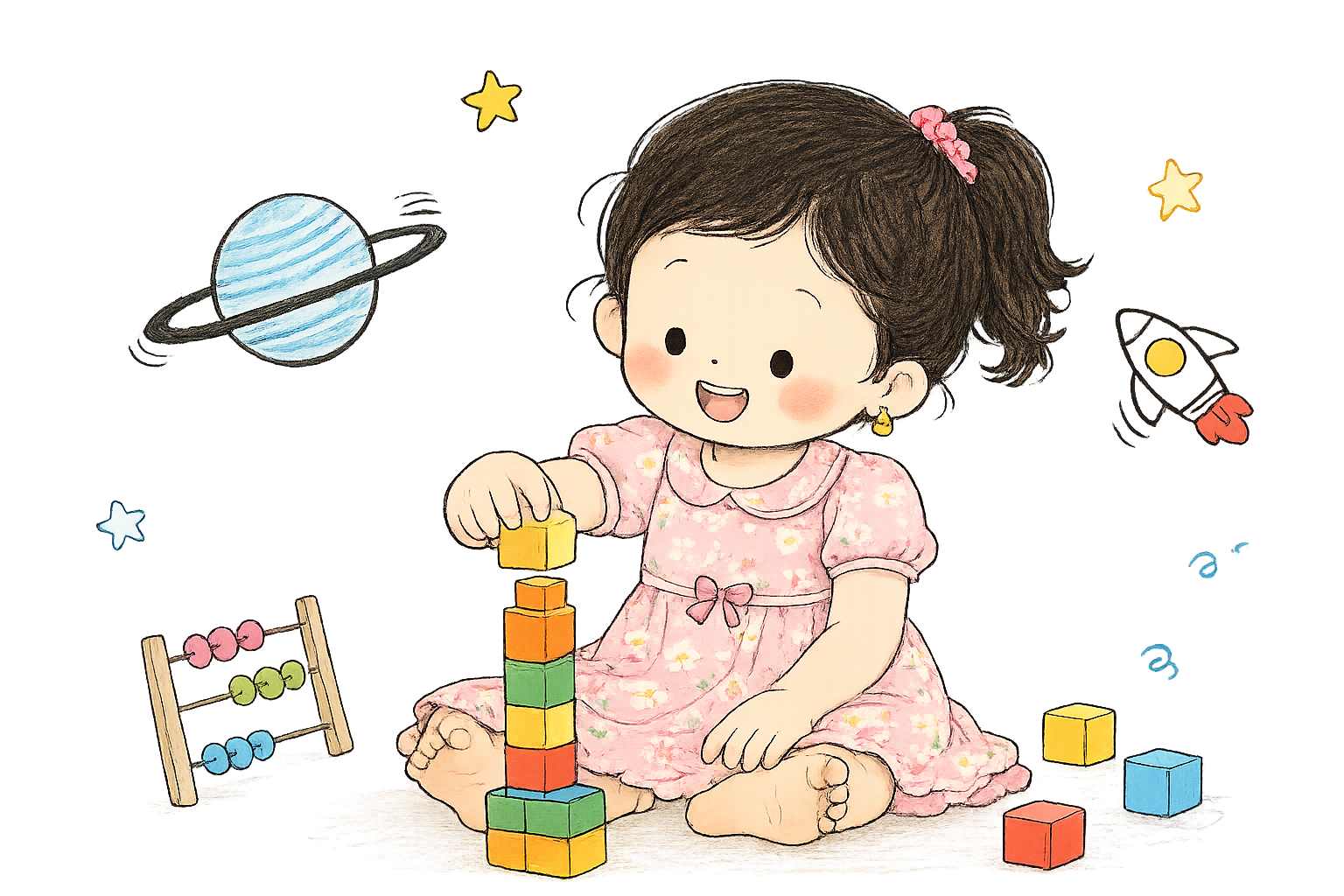 Happy girl playing with toys