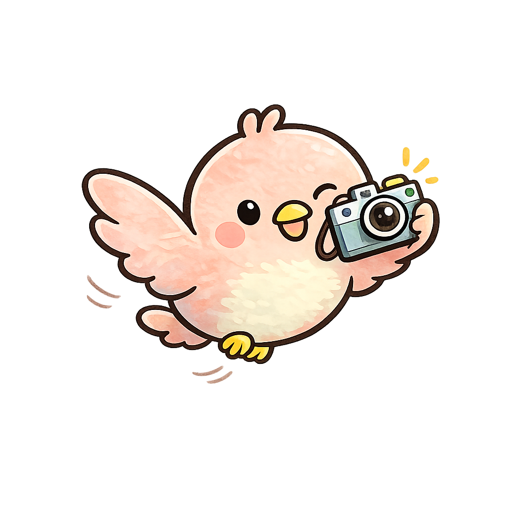 Happy bird mascot with a camera